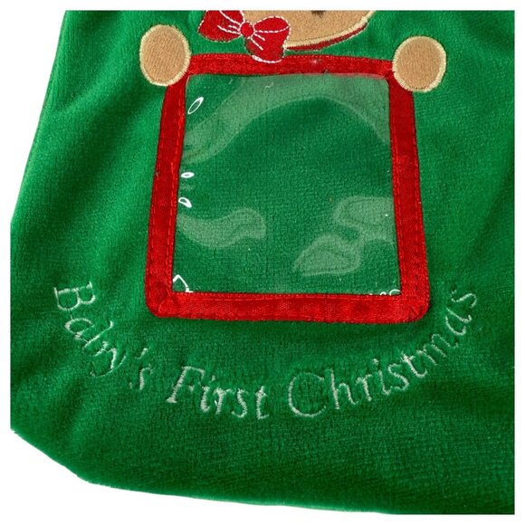 Babys First Christmas Stocking Green Sock With Bear Applique & Photo Holder 10” - Picture 3 of 4